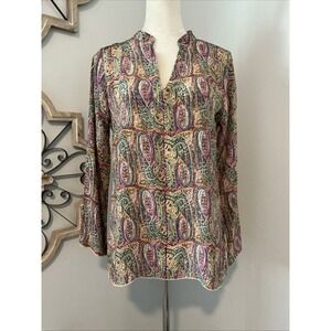 Tolani Silk Boho Tribal Hippie Resortwear Peasant Tunic Blouse S